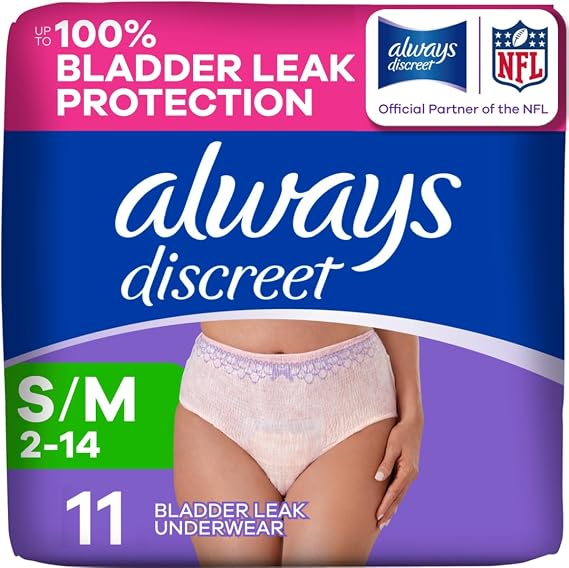 Always Discreet Reimagined Adult Diapers for Women, Maximum Absorbency Incontinence and Postpartum Underwear Size S/M, Up to 100% Leak Free Bladder Leak Protection, 11 Count