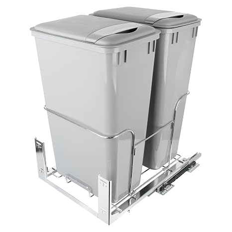 Pull-Out Trash Can, 50Qt Double Bins, Under Mount Waste Container with Soft-Close Slides, 176 lbs Load Capacity & Door-Mounted Brackets Garbage Recycling Bin with Lids for Kitchen Home Cabinet (2pack)