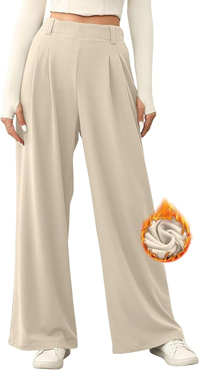 EVALESS Women's Fleece Lined Pants Wide Leg Waffle Knit with Pockets