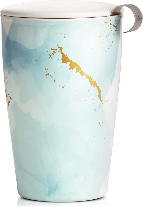 Tea Forte Double-Walled Ceramic Kati Cup, Removable Stainless Steel Infuser Basket and Lid, Steeps 12 oz Loose Leaf Tea, Dishwasher & Microwave Safe, Wellbeing Tea