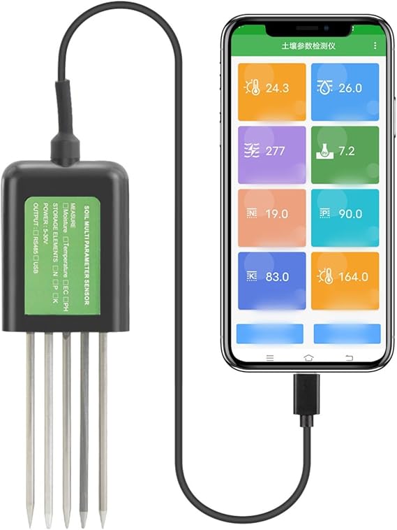 7-in-1 USB Soil Sensor, Digital Soil Testing Meter with pH Temperature Moisture NPK Nutrients Analysis for Agriculture Gardening Plant Growth Monitor with for Android APP