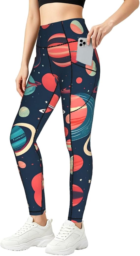 Outer Space Planets Print Leggings with Pockets for Women,Gym Clothes,Fitness Clothing,Compression Leggings
