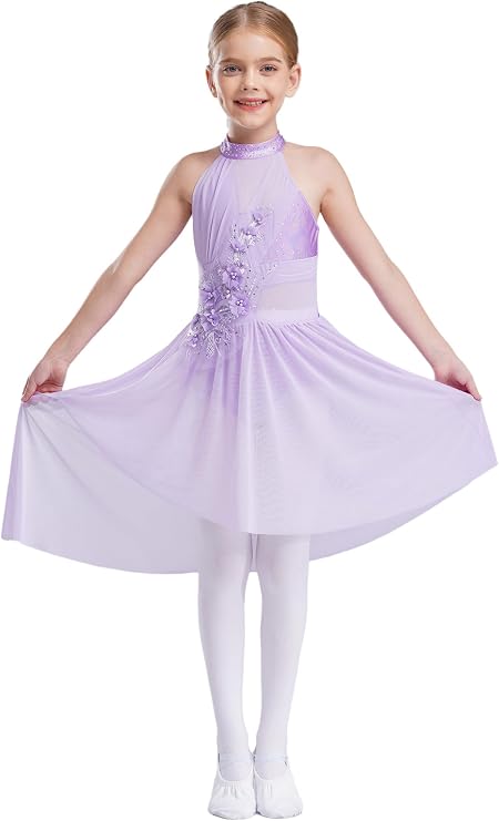 Kids Girls Sleeveless Rhinestone Lyrical Contemporary Dance Dress Figure Skating Dress