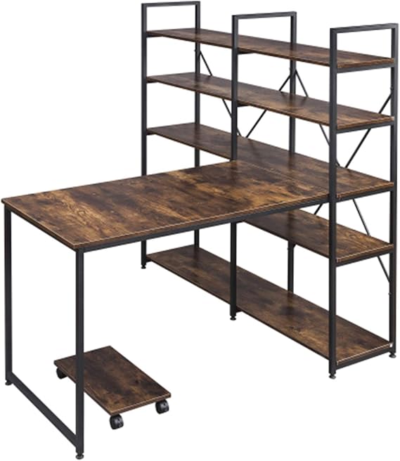 Desk with Shelves 54" Large Computer Desk With 5-tier Shelves Office Desk Study Table With Bookcase Writing Desk Workstation With Hutch Bookshelf (Brown) Study Writing Desk Table Study Desk with Sto