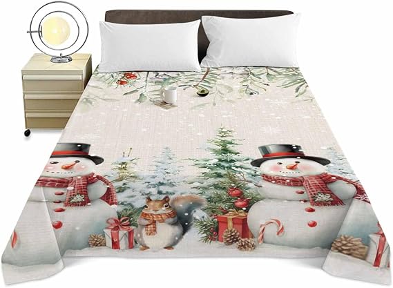 Top Sheet Queen Bedding Flat Sheet Only,Snowman Christmas Tree Winter Snowflakes Holly Berry Microfiber Bed Sheets Soft Breathable Bedding Flat Sheets,Retro Linen Hotel Luxury Top Sheets