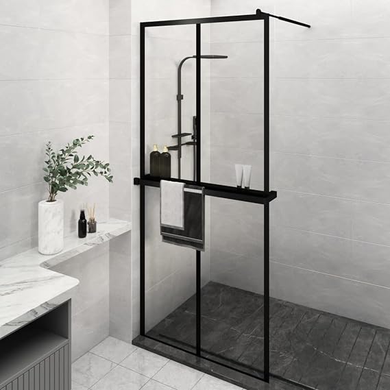 Tidyard Walk-in Shower Wall with Shelf, Fixed Glass Shower Partition French Entry Sliding Doors Frameless Thick Half Panel Grid Fiberglass Bathtub Enclosure Handle Wall Base Kits for Modern Bathroom