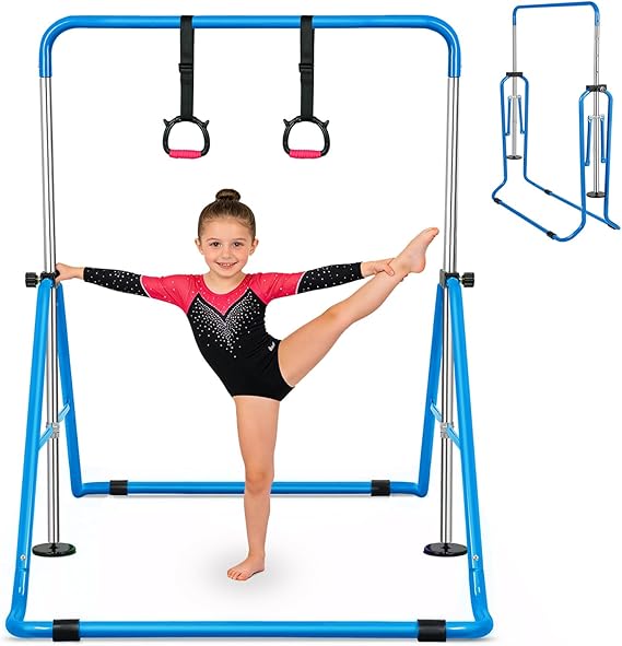 Gymnastics Bars Kids Training Bars for Home, Folding Horizontal Bars with Adjustable Height Expandable Gymnastics Equipment Junior Kip Monkey Bar for Girls & Boys (Pink/Blue)