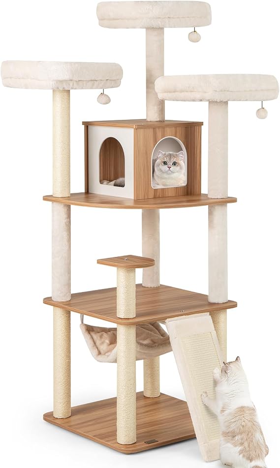 PETSITE 68-inch Modern Tall Cat Tree for Indoor Cats, Multi-Level Wooden Cat Tree Tower with Sisal Scratching Posts, 3 Top Perches, Cat Condo, Comfy Hammock, Sisal Ramp, and Jingling Balls