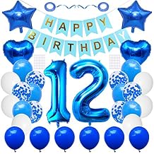 12th Birthday Party Supplies - Blue & White Foil Balloons, Happy Birthday Banner, Latex Confetti, Star Balloons - Great Gift for Girls & Boys