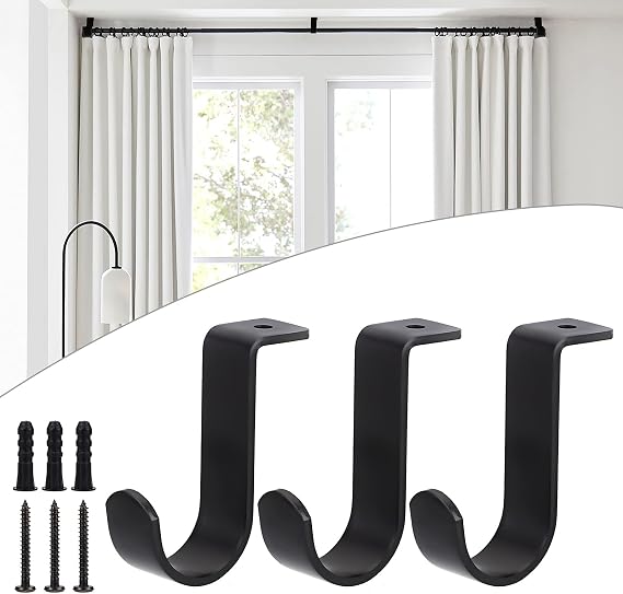 BTSKY 3 Pack Metal Ceiling-Mounted Curtain Rod Brackets for 25mm Rod, Black