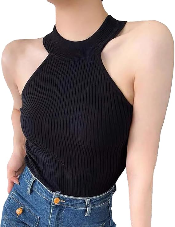 Women's Halter Neck Ribbed Knit Top Sleeveless Fitted for Spring Fall