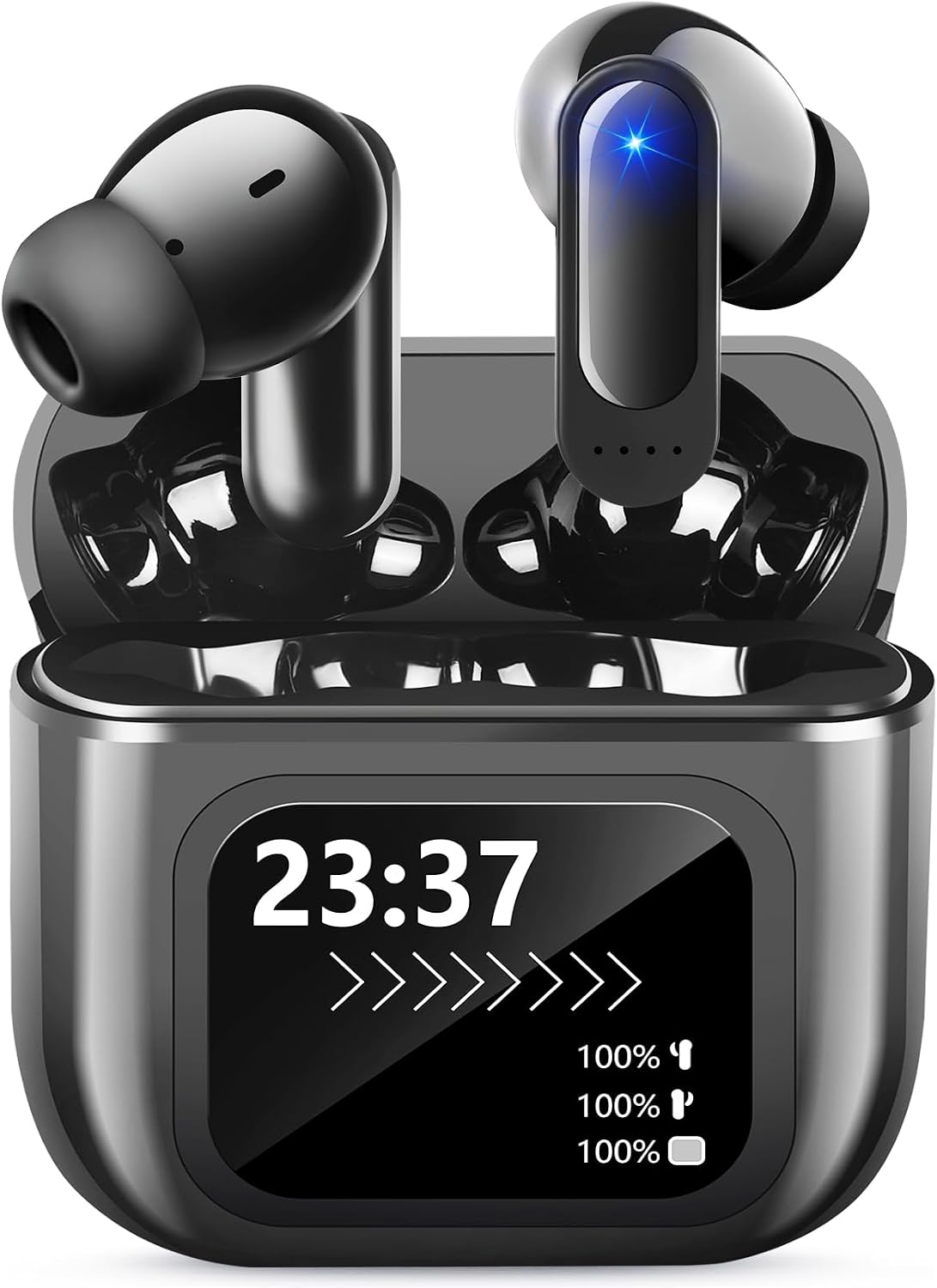Multifunctional Intelligent Touch Color Screen Headphones, Wireless Bluetooth 5.3 in Ear Bass Stereo Earbuds, with Noise Cancelling Earphones Microphone LED Display Charging case, Sports Fitness Black