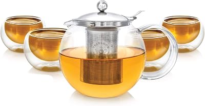 Teabloom Stovetop Safe Glass Teapot with Removable Infuser 40oz1200ml and Four Double Walled Glass Cups 5oz150ml - Classica Tea Set