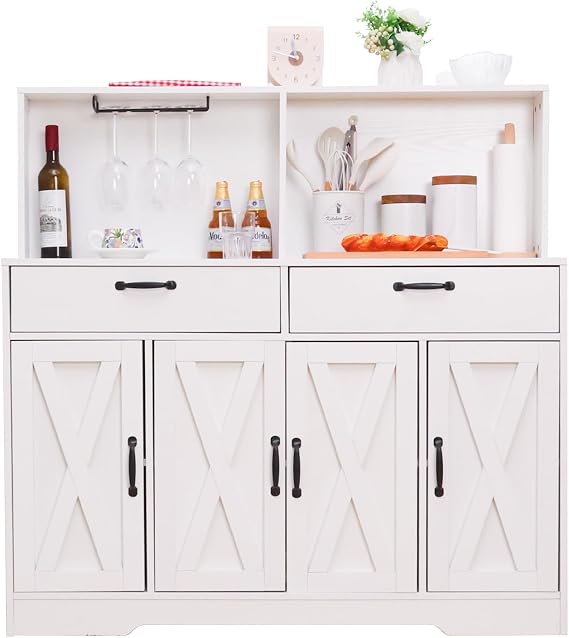 Sideboard Buffet Cabinet with Storage - 47'' Farmhouse Coffee Bar Cabinet, Kitchen Pantry Storage Cabinet with Doors and Shelves for Dining Room, Living Room, Kitchen (White)