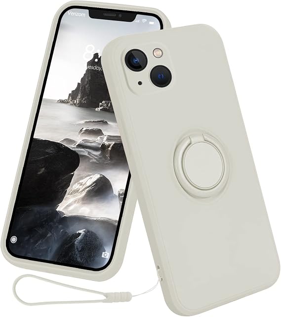 13peas Silicone Case for iPhone 14 Antique White | 2022 Released, with Ring, 360Arotatable, Kickstand Cover, Support Magnetic Car Mount, Protective Cover, with Strap Lanyard