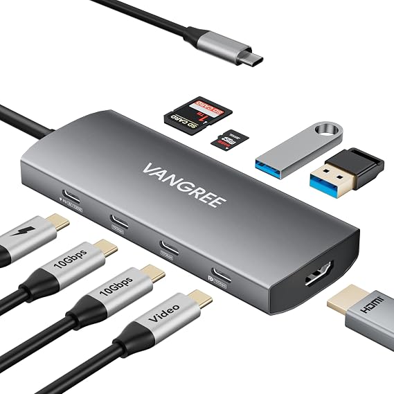 VANGREE 9-in-1 USB C Hub 10Gbps with 4K@60Hz USB-C Display Output, 100W PD | 3*USB-C & 2*USB-A 3.2 10Gbps, 4K@60Hz HDMI, SD/TF reader, Supports SST & MST, for MacBook, iPad, Dell, Surface, Samsung DEX