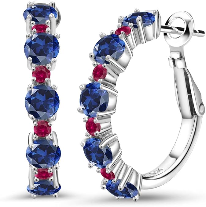 Gem Stone King 925 Sterling Silver Gemstone Birthstone and Created Ruby Hoop Earrings for Women | Round Cut 4MM and 1.9MM Stones | 1 Inch Diameter Hoops | Fine Jewelry for Her Mom Wife Women