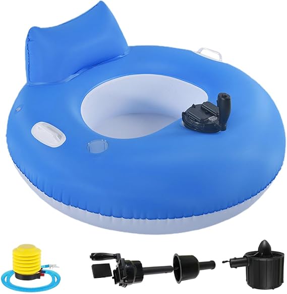 Motorized Pool Float for Adults, Electric Inflatable Motorized Pool Lounger, Heavy Duty Electric Floating Chair with Pusher Handles Cup Holder and Pump for Adults, Lake & Party