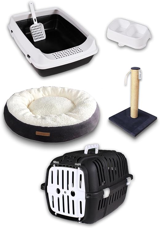 Premium kedi başlangıç seti - Açık kedi tuvaleti, taşıma sepeti, yatak, tırmalama, mama kabı, kürek - AT8