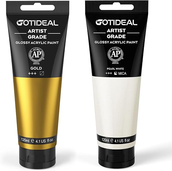 GOTIDEAL Acrylic Paint Metallic Gold and Pearl White Tubes (120ml, 4.1 oz) Glossy