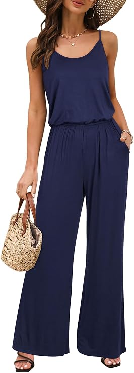 OUGES Womens 2024 Casual Sleeveless Jumpsuits Spaghetti Strap Loose Romper Long Pants with Pockets