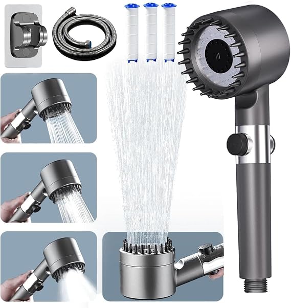 shower head，High Pressure Shower Head,Shower Head with ON/OFF Switch, Universal 4-mode shower head, Shower with filter，Shower with massage brush，High Pressure Handheld Shower Head-Grey
