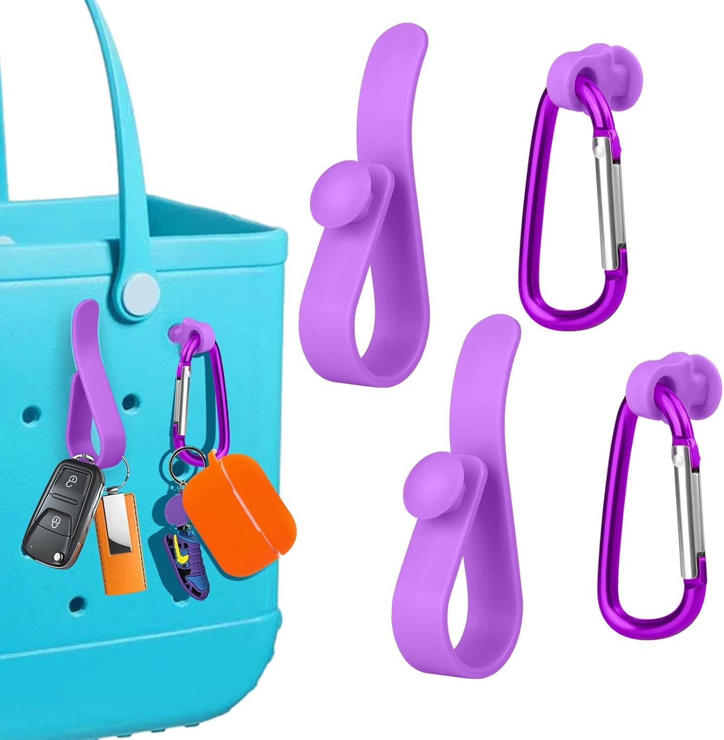 4Pcs Accessories Inserts Hooks for Bogg Bag, Carabiner Keychain, Key Holder Charms Compatible with Bogg Bags Beach Bag（Purple
