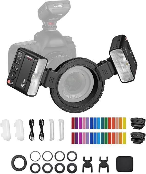 Godox MF12-K2 2pcs Macro Flash 2.4G Wireless Transmission Control Guide Number 16 TTL M Mode with Colourful Filter Cold Shoe for Portrait Plants Insects Food Jewellery Macro Photography