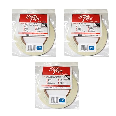 Scor-Tape 1/4" Double-Sided Adhesive Tape, 27 Yards x 3 Rolls, Acid-Free, Ultra-Thin, Perfect for Card Making, Scrapbooking & Paper Crafts, Multi-Pack Value