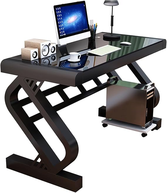 Tempered Glass Computer Desk With Threading Hole & Z-Shape Metal Frame Modern Office Desk Sturdy Writing Desks For Home Office Workstation(Black,47.2in)