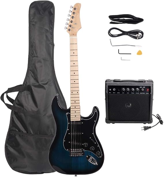 39 Inch Beginner Electric Guitar Kit, Full Size Electric Guitar,Complete Electric Guitars Set with Bag, Strap, 20W Amplifier, Power Wire, Wrench Tool,Tremolo Bar and Plectrum,Dark Blue