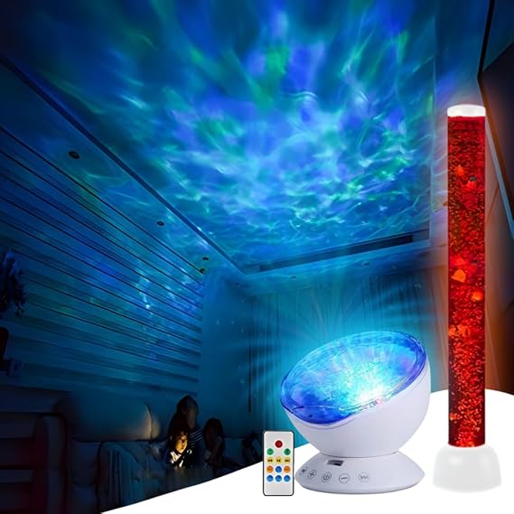Playlearn Sensory 105cm Bubble Tube and Ocean Wave Projector Combo Pack - LED Color Changing Bubble Fish Lamp,Tower Lamp,Ultimate Sensory Experience,ADHD Autism [Energy Class A+]