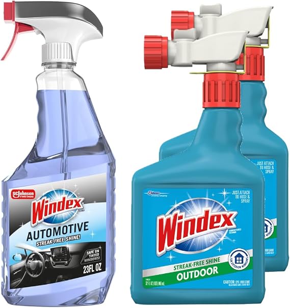 Windex Automotive & Outdoor Window Cleaner Bundle Includes 23oz Automotive Glass Cleaner for Streak-Free Car Windows & 2 Count 32oz Outdoor Hose Window Cleaner, Ammonia-Free, Patio & Exterior Shine