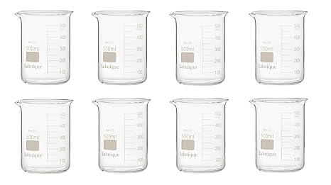 Labnique Borosilicate 3.3 Glass Griffin Beaker, Low Form Beaker with Printed Graduation (500ml x8)