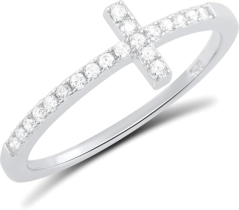 SILVERCLOSEOUT Rhodium Plated Sterling Silver Thin Womens Cz Cubic Zirconia Stackable Sideways Cross Ring Size 4-12
