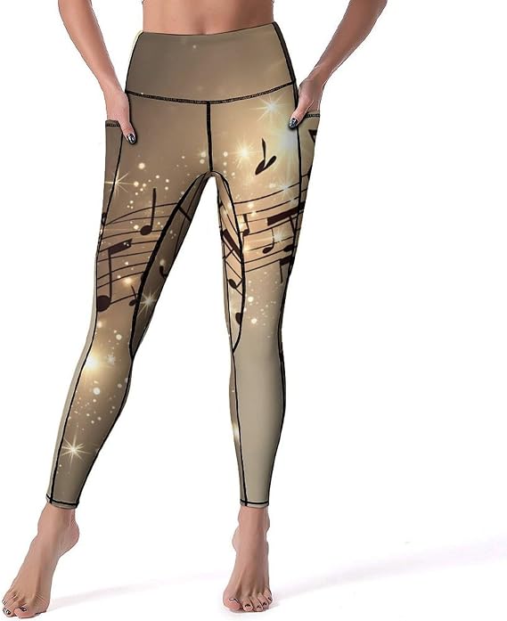 Women's High Waisted Yoga Leggings with Pockets Colorful Music Notes Yoga Pant Butt Lifting Legging Athletic Tights
