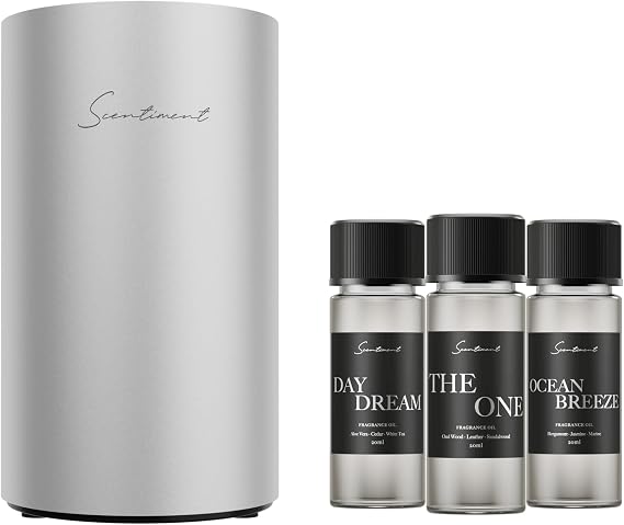 Mini Silver Diffuser Discovery Kit Portable Cold Air Diffuser with 3 Luxury Hotel-Inspired Fragrance Oils (20mL) Long-Lasting Nano-Mist, Home & Travel Aroma Scent Machine
