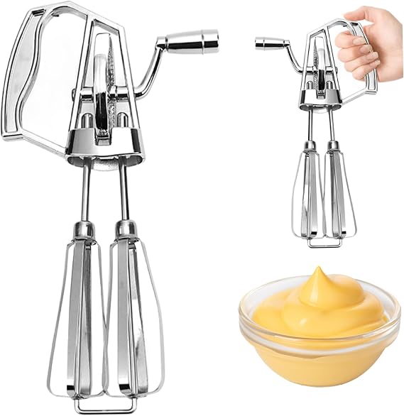 Hand Crank Egg Beater Stainless Steel Rotary Egg Whisk Double Head Handheld Mixer with Crank Portable Kitchen Cooking Tool for Houseld Camping Sliver Small