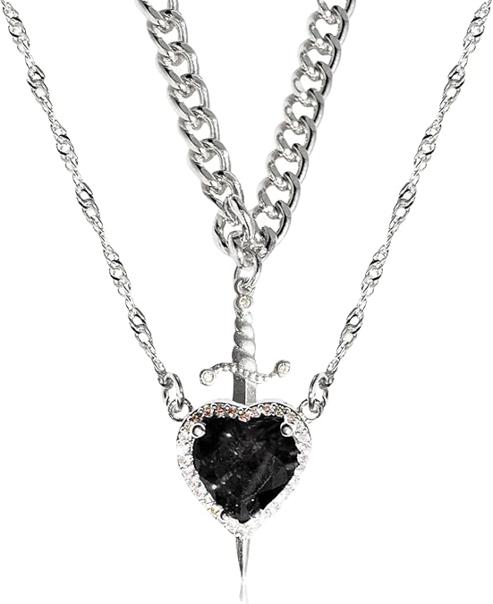 2pcs Heart and Swords Necklace Set Symbolizing The Union Of Spirits and Courage with Sturdy Black Coating for Daily