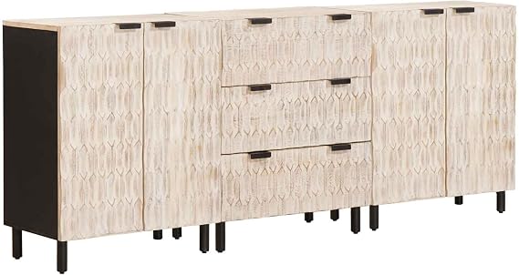Modern 3 parçalı büfe seti, beyaz kaplama, mango ağacından masif ahşap ve siyah metal ayaklar, oturma odasında eşyaları saklamak için minimalist ve şık tasarım, dikdörtgen