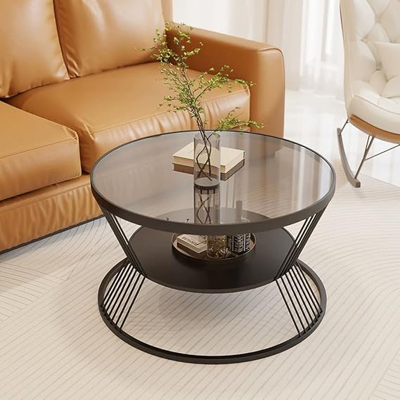 Circle Coffee Tables for Living Room,Round Black Glass Coffee Table with Storage,Round Side Table with Metal Frame for Bedroom,Offices, Reception,Lounges, Small Space,Black Gray,60cm