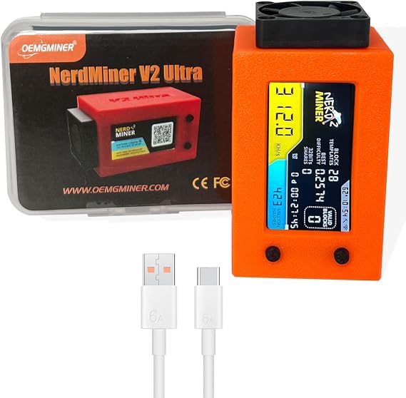 NerdMiner V2 Ultra 300KH/S Bitcoin Miner with T-Display & Fan - Low Power Consumption, Crypto Mining for Solo Wins, 3.125 BTC (Orange)