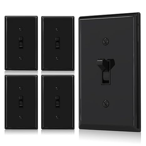 ELEGRP 3 Way Toggle Light Switch with Plate - 15 Amp, 120V Quiet AC Switch - In Wall On/Off, Self-Grounding - Residential & Commercial Grade, UL Listed (5 Pack, Glossy Black)