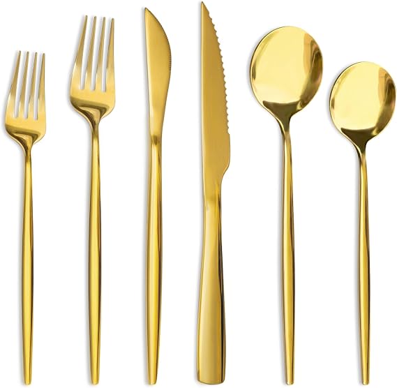 Astercook Silverware Set 48-Piece Gold Flatware Set with Steak Knives Food-Grade Stainless Steel Cutlery Set for 8 Mirror Polished Utensils Set for Home Kitchen Restaurant