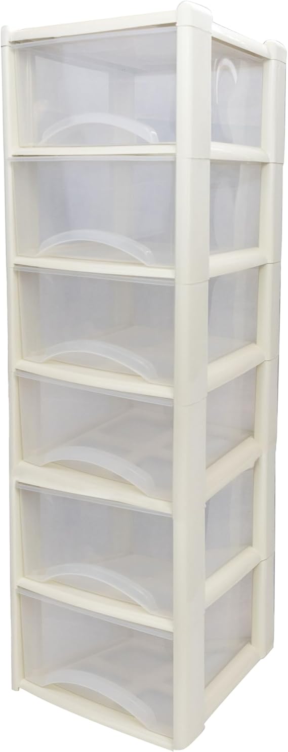 Neat. 6 Plastic Storage Drawers, Space-Saving Draws for Office & Home, Drawers Storage Unit - Durable Storage Draws - Storage Drawers Unit - H120cm x L39cm x W39cm -Cream