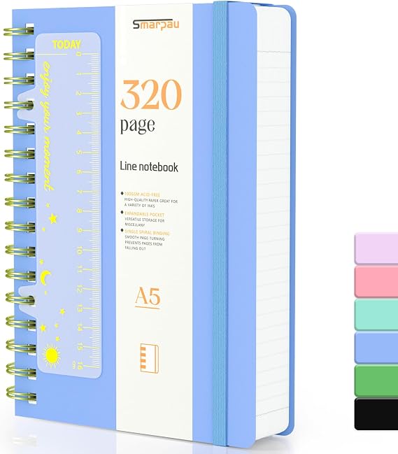 Smarpau A5 Notebook, 320 Pages Thick Hardcover Wirebound Spiral Notebook, 100gsm Thick Paper Journals for Women Men Writing, Waterproof PVC Notepad