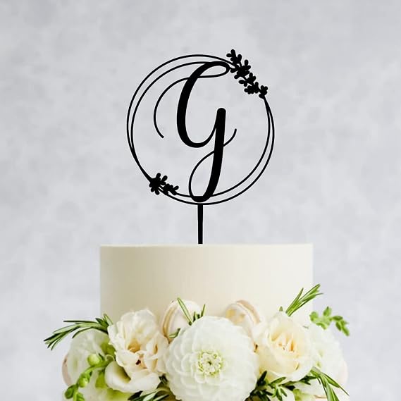 Rustic Wreath Monogram Cake Topper,Letter Initial G Wedding Cake Topper Custom Any Initial Black Acrylic Cake Topper for Engagement Party Decorations Personalized Birthday Cake Toppers Gifts