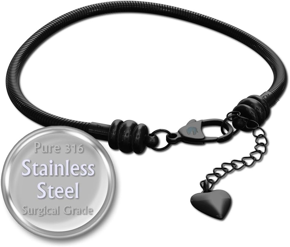 European Charm Bracelet for Women and Girls Bead Charms, Stainless Steel Snake Chain, Black Claw 7 Inch