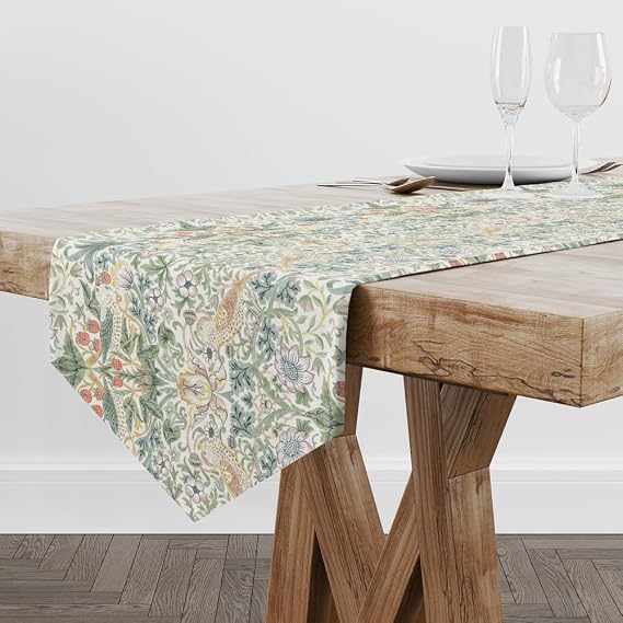 William Morris ヴィンテージフローラルテーブルランナー、ホワイト/グリーン ファームハウス 長方形ランナー、エレガントでシックなテーブルランナー ホリデーパーティー、結婚式、屋内屋外ダイニングテーブル装飾用、33 cm x 108インチ