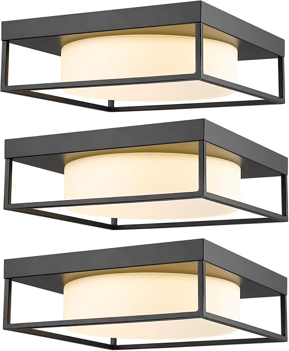 Modern Flush Mount LED Ceiling Light 12 Inch, Black Square, 3 Pack